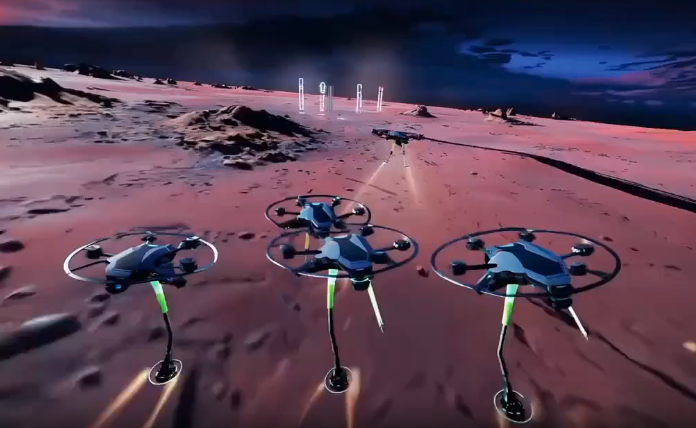Sora火星上日落时的未来主题无人机赛视频